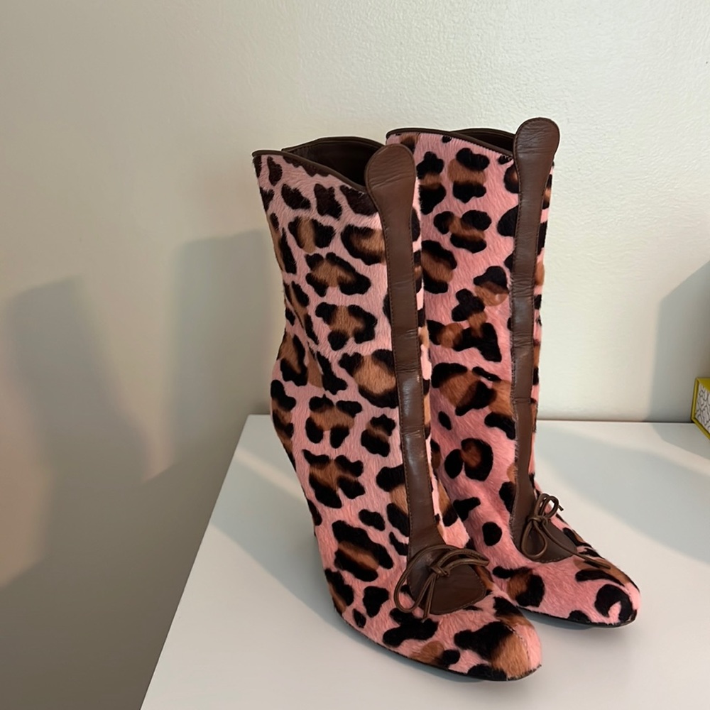 Casadei pink leopard print pony hair boots